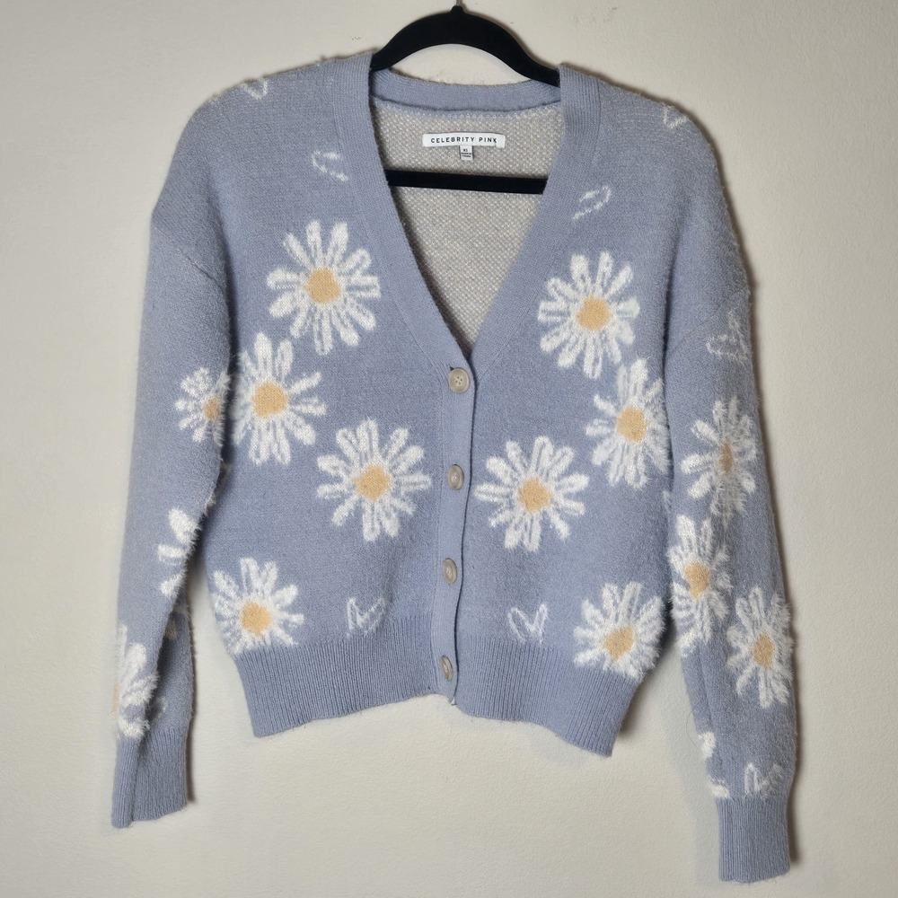 Blue Daisy Sz XS Oversized Cardigan Soft Sweater Flower Button Cottage Y2K